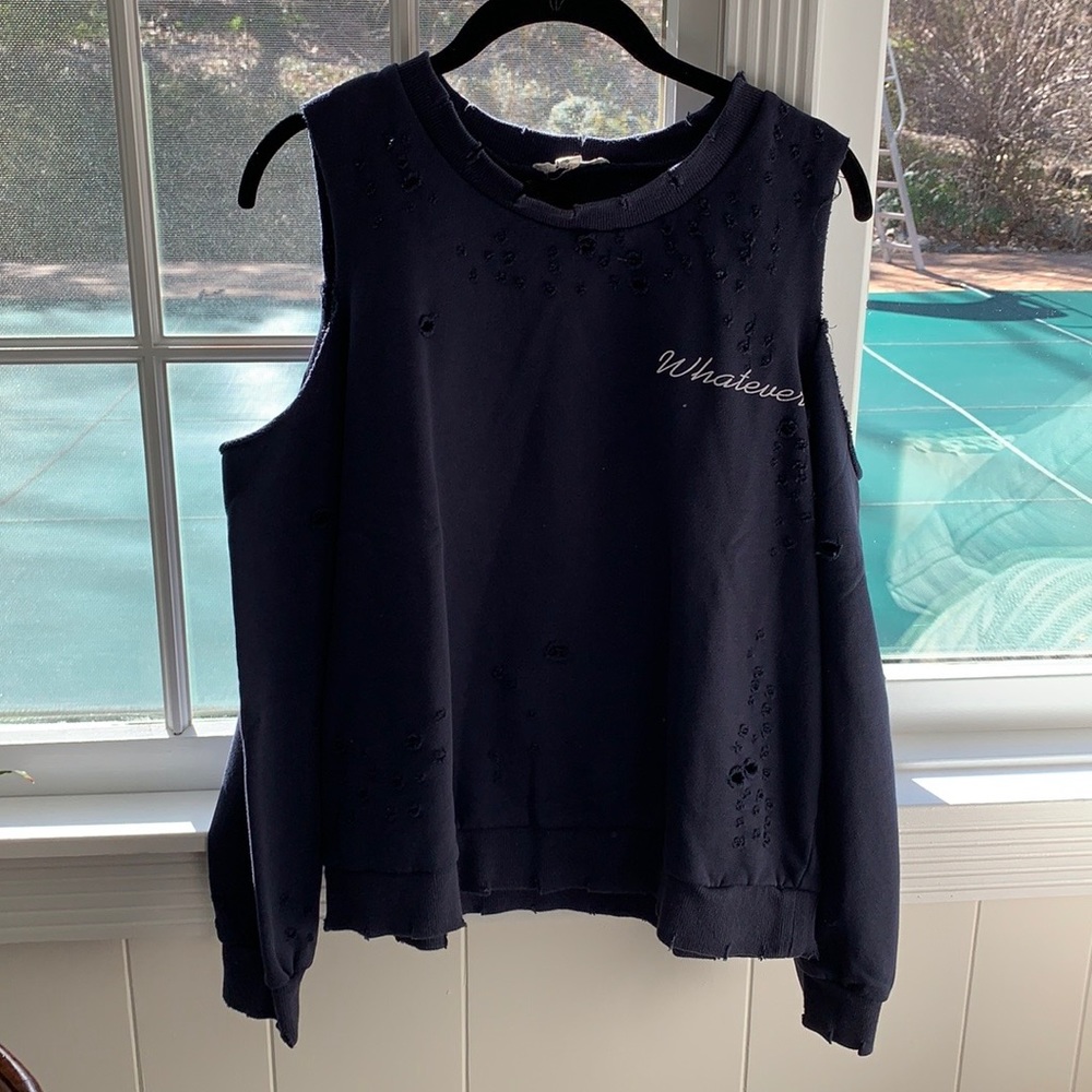 Distressed Cold Shoulder Sweatshirt.
